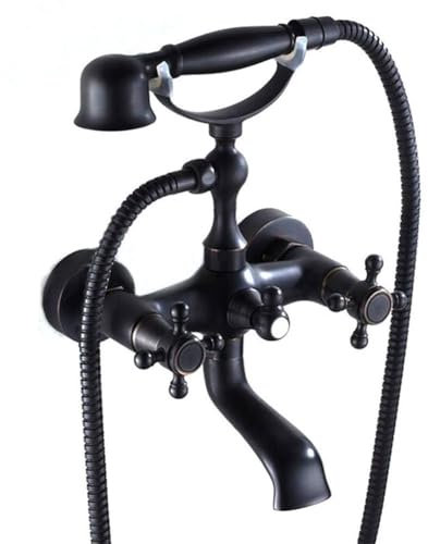 Mitigeur De Baignoire Robinet De Baignoire Noir Style Rétro Antique Mural Double Poignée Laiton Robinet Douche Avec Douchette À Main Et Flexible 1,5m, Mitigeur Bain/douche