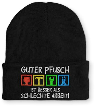 Spruchmütze Strickmütze Guter Pfusch Handwerker Mütze Wintermütze lustige Beanie mit Stick, Farbe: Black
