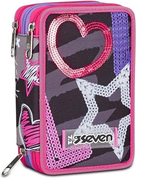 Seven Federmäppchen, Mäppchen, Mehrfarbig, Federtasche für Schreibwaren, Etui komplett mit Bleistiften, Filzstiften, Schulmaterial, mit 3 Fächern, Mädchen, Schule - Grundschule, XXL rosa Herzen