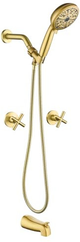 88069BG Wannen-Duscharmatur-Set mit 2 Griffen, Handbrause mit 10 Sprühstrahlen, gebürstetes Gold, Duschsystem mit Wannenausguss, Einzelgriff, 11,9 cm, Handbrause, Wanne und Duschverkleidungsset