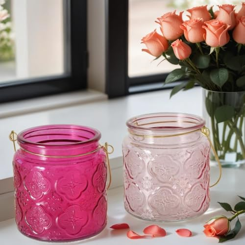 Marrakesch 2er Set Vintage Teelichthalter aus Glas 11cm groß - Kerzenständer & Windlichter als Rosa Wohnzimmer Deko - Exquisite Teelichtgläser perfekte Kerzengläser für Ihre Teelichter