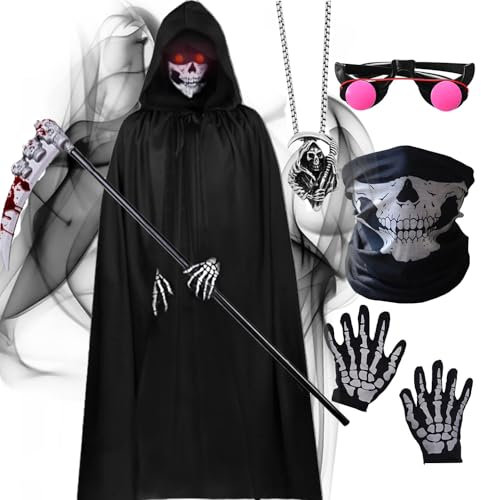 HarnyLoom Déguisement Faucheuse Enfant Adulte Scream Cape Faux Faucille Costume Grim Reaper Hooded Robe Garçon Couvre-chef de Squelettes Gants Lunettes Halloween (130 (7~10 ans))