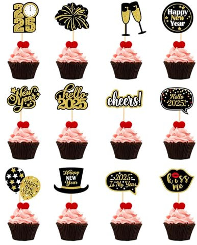 2025 Silvester Tortendeko, Happy New Year Cupcake Toppers, Frohes Neues Jahr Kuchen Deko Cake Toppers, Party Deko Muffin (12 Stück)