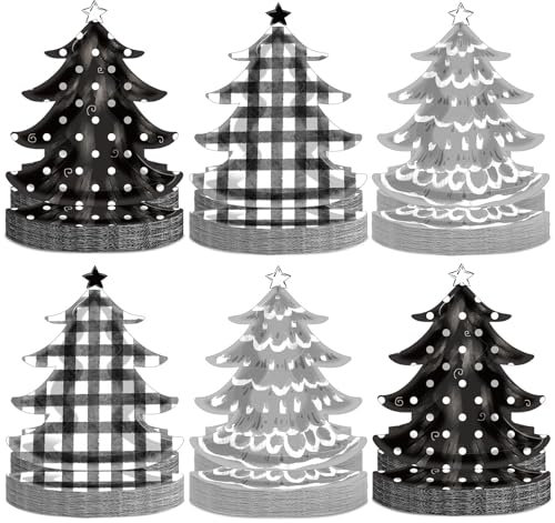 CHUNNIN 60PCS Christmas Paper Plates 11 x 9inch Xmas Christmas Tree Shaped Dinner Plates Black And White Buffalo Plaid Plates Christmas Party Tableware Set for Christmas Home Holiday Party Decorations