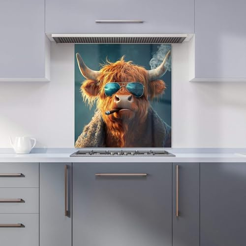 Premium Highland Cow With Glasses Kitchen Splashback 6mm Toughened Glass Kitchen Splashback – Heat Resistant Splashback for Kitchens, Perfect for Cookers and Hobs, Polished Edges