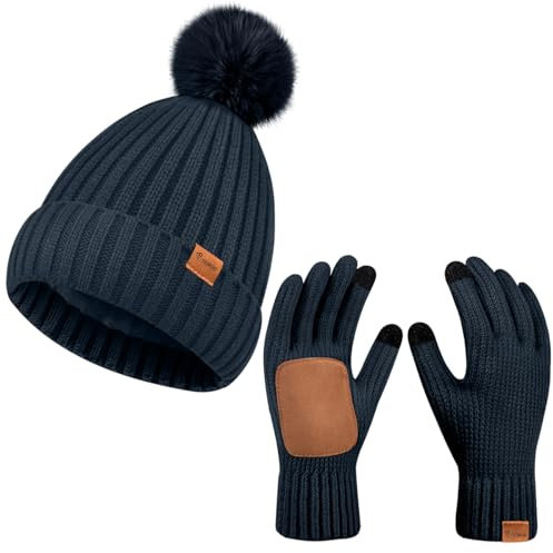 Damen Beanie Hut Handschuhe Set Winter Gestrickte Mütze Hut für Frauen Mit Pom Pom Warme Touchscreen Handschuhe 2 in 1 Set für kaltes Wetter (DE/NL/SE/PL, Alphanumerisch, Einheitsgröße, Blau)