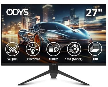 ODYS i27-Q-180 - 27 Zoll Gaming Monitor (69 cm Bildschirm, WQHD, 2.560x1.440 Pixel, 180 Hz, 1ms Reaktionszeit (MPRT), Fast IPS Panel, FreeSync, HDMI, Display Port, 3,5mm Kopfhöreranschluss)