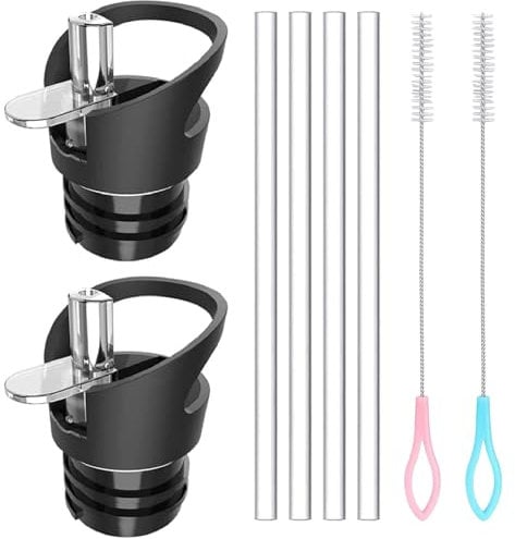 2 PCS Straw Lid for Hydro Flask Standard Mouth, Lid with Straws Fits Hydroflask Wide Mouth, Sports Caps Straw Lid for Hydro Flask Cover, 4 Straws and 2 Straw Brushes (Black)