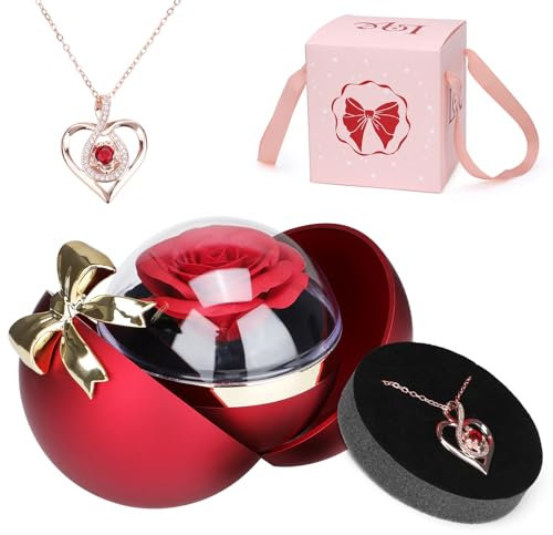 Scatola di rose rosse conservate, fiori eterni con collana di cuori regalo per la mamma, la fidanzata e la moglie a Natale, San Valentino, Festa della Mamma, Anniversario.