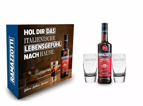 Ramazzotti Geschenkset - Ramazzotti Amaro Milano 0,7L (30% Vol.) + 2 Ramazzotti Crema Gläser Bauchig - [Enthält Sulfite]