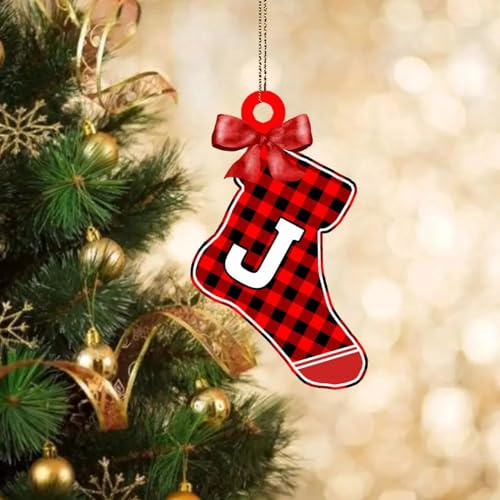 LMMIXEE Buffalo Plaid Christmas Stocking Monogram Clear Acrylic Christmas Ornaments 2024 Initial Letter J Christmas Tree Decorations Souvenir Hanging Ornaments Keepsake Xmas Holiday Birthday Gift