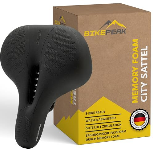 BikePeak Fahradsattel Herren & Damen City - Bequemer, Atmungsaktiver Memory-Schaum, Ergonomischer Sattel, Schwarz, Wasserabweisend für Fahrrad Kunden, Perfekt für City & Touren