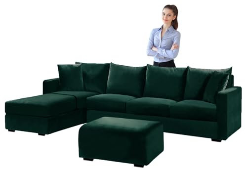Luxus Samt L-Form Stretch Sofabezug Set mit Kissenbezügen Dunkelgrün Quadratisch M