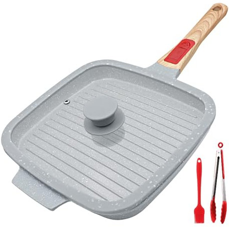 RANX INGST Grill Asador con Rayas con Tapa, 26 x 24 cm Sartén Parrilla con Mango Extraíble - Azul