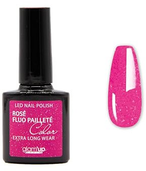 Glam'Up Paris - Smalto semi-permanente, senza Hema, smalto gel UV LED, altamente pigmentato, a lunga durata, facile da usare, rosa fluo, glitterato