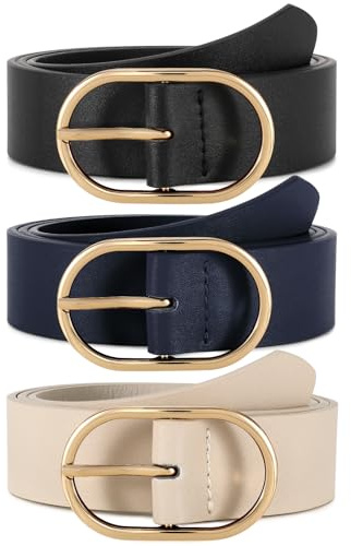 WERFORU Lot de 3 Ceintures en Cuir pour Femmes Ceinture Femme à la Mode avec Boucle Dorée/Argentée pour Jeans, Pantalons et Robes