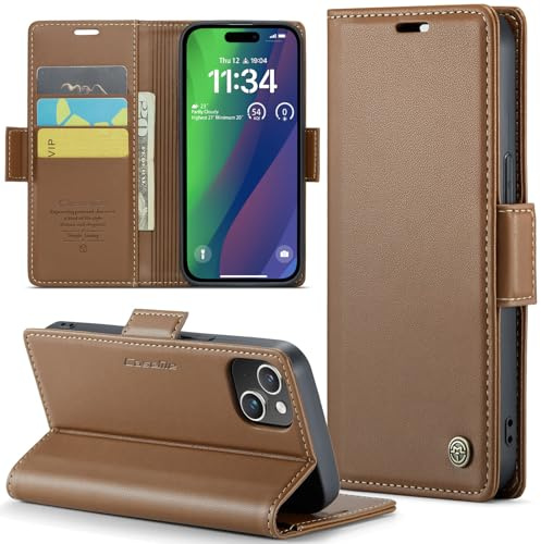 Rerzoiro for iPhone 15 Plus Case, Premium PU Leather Wallet Case Flip Cover with [RFID Blocking][Card Holder][Stand Function] Shockproof Protective for iPhone 15 Plus, Brown