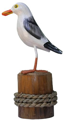 Tokoindah Möwen-Skulptur auf Strandgut-Poller – Handgeschnitzte Maritime Holz-Deko im Vintage-Look, Unikat, Dekofigur für Fensterbank, Regal, Beistelltisch oder Badezimmer, 25 cm hoch