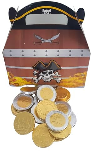 Goldmünzen aus Schokolade 300g | Ca. 45 Stück Schokoladengeld aus Goldtaler | Plus Schatztruhe aus Karton | Kindergeburtstag | Schatzsuche