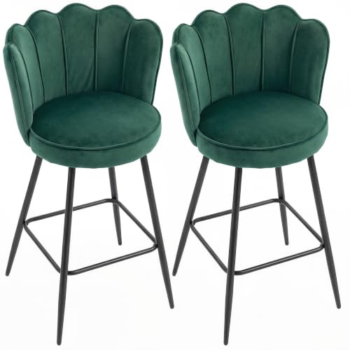 HOMCOM Bar Stools Set of 2 Velvet with Petal Backrest Footrest, Dark Green | Barstools, Modern Upholstered Breakfast Bar Chairs, Metal Legs, for Kitchen Island Counter, Dining Room