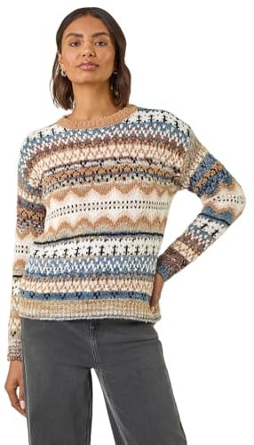 Roman Fairisle Jumper for Women UK Ladies Stretchy Winter Autumn Sweater Casual Knit Knitwear Knitted Pullover Comfy Soft Thick Lightweight Dinner Party Office Work - Biscuit - Size 12