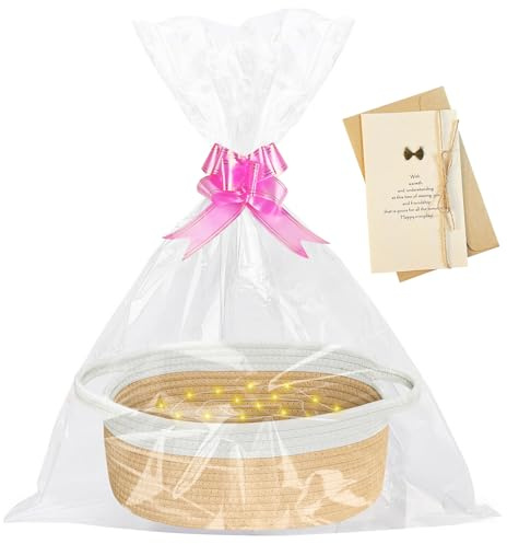 Geschenkkorb Leer, Geflochten Korb mit Geschenktüten, Grußkarte, Bändern | LED Präsentkorb Leer, Korb für Geschenke, Babyparty, Geburtstag, Hochzeit, Ostern, Erntedank und Weihnachten (Khaki)