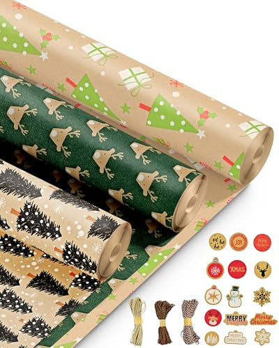 Kraft & Co – 3 Pack Kraft Christmas Wrapping Paper Rolls 69cm x 8m, Recycled & Eco-Friendly Gift Wrap with 15 Tags & 3-Color Twine, Christmas Wrap Tear-Resistant, Sustainable Packaging, Total 24m Rol