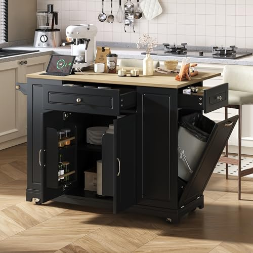 Kebnor Ausziehbarer Essbereich Kücheninsel mit Rollen, Multifunktionsschubladen und Abfallbehälterfach, Mobile Kücheninsel Ideal für Küche und Esszimmer (Schwarz)