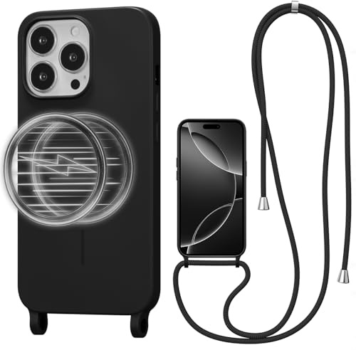 UCASONG Magnetic Case for iPhone 13 Pro Max with Lanyard, Black | Compatible with MagSafe, Crossbody Liquid Silicone Case, Soft Shockproof Protective Cover, with Adjustable Neck Cord Strap