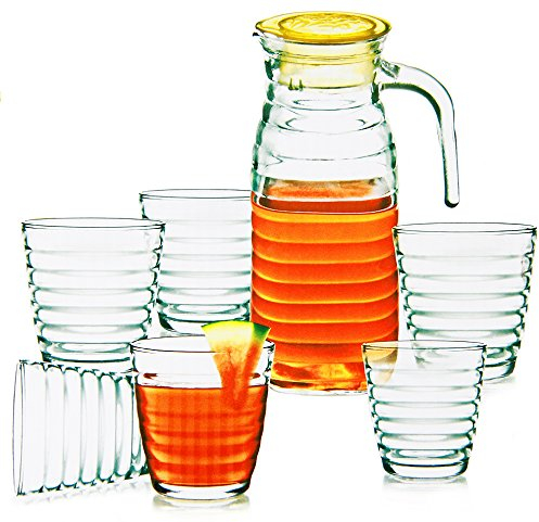 Wamat Saftkrug mit 6 Gläsern Glaskrug Wasserkrug Bistro Krug Milchkrug Weinkaraffe 7-Set