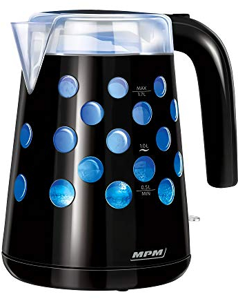 MPM MCZ-86/C Elektrischer Wasserkocher 1,7 Liter, BPA-freier Kunststoffbehälter, Kabellos, Abschaltautomatik, Beleuchteter Innenraum, Schwarz, 2200W, Kunststoff