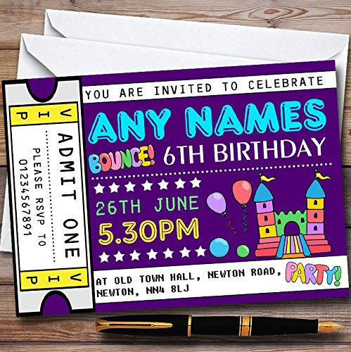 Childrens's Kids Party Invites Purple Bouncy Castle Ticket Personalised Childrens's Kids Birthday Party Invitations with Envelopes - Any Custom Text for Any Occasion