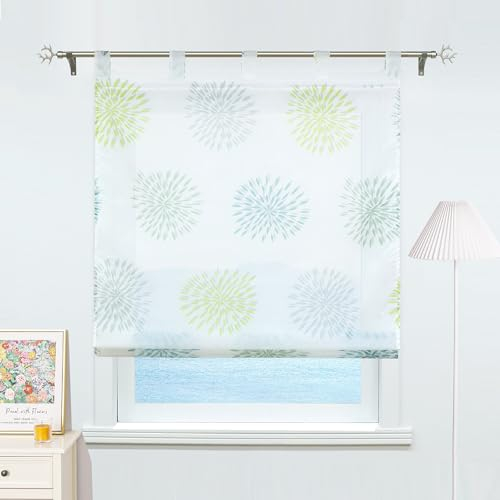 ESLIR Raffrollo mit Schlaufen Gardinen Küche Raffgardinen Transparent Schlaufenrollo Vorhänge Kreis-Motiven Modern Voile Grün BxH 140x140cm 1 Stück