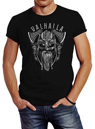 Neverless® T-Shirt Aufdruck Valhalla Wikinger Helm Viking Odin Krieger Printshirt Fashion Streetstyle schwarz XS