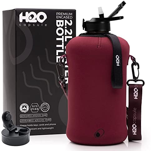H2O Capsule 2.2L Half Gallon Water Bottle with Storage Sleeve and Covered Straw Lid – BPA Free Large Reusable Drink Container with Handle - Big Sports Jug, 2.2 Liter (74 Ounce) Maroon
