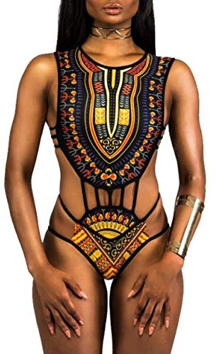 Damen-Badeanzug, afrikanischer Druck, Einteiler, Ethno-Bikini, Push-Up, trägerlos, rückenfrei, Monokini, Schwimmanzug, Spa, Trikini, Swimwear, Tankini Swimsuit YY-8901, Farbe 03, L