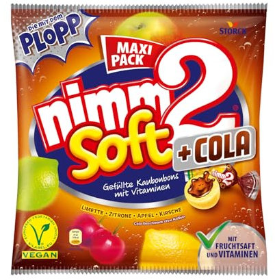 nimm2 Soft +Cola – 1 x 345g Maxi Pack – Gefüllte Kaubonbons in vier mit Frucht- und Cola-Geschmack
