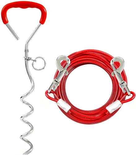 Dog Tie Out Stake and Run Cable, 20FT Long Lead with Yard Stake, Chains for Outside, Leash and Stake for Camping & Beach, Tie Out Tether for Medium Large Dogs