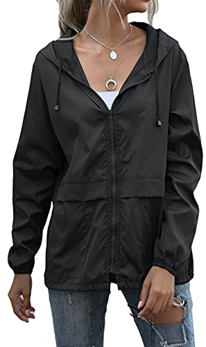 ORANDESIGNE Veste de Pluie Imperméable pour Femmes Léger Veste De Pluie Courte Coupe Vent Extérieure Manteaux à Capuche Vacance Coupe-Vent Zippé Noir M