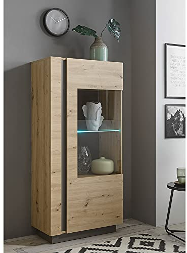 Lomadox Beleuchteter Vitrinenschrank in Eiche Artisan Nb. mit Absetzungen in Graphit grau, B/H/T: ca. 72/154/40 cm