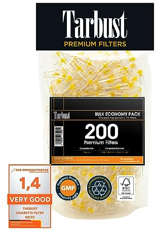Tarbust 200 Filtre Cigarette Anti Goudron et Nicotine pour Tailles Régulières et King size, 200 par Paquet, Filtre Anti Goudron, Embout Cigarette Tabac, 8 mm