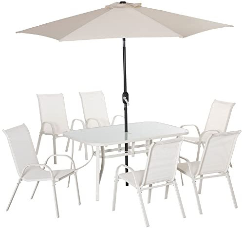 Outsunny Set Mobili da Giardino 8 Pezzi, Tavolo da Giardino con Sedie, Ombrellone con Inclinazione Regolabile, in Alluminio, Bianco Crema