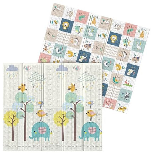 UBABY - Alfombra de Juegos Bebés Reversible - Acolchada y Plegable - Colchoneta Gimnasio Actividades - Alfombra Infantil - Antideslizante, Impermeable, Elefante + Letras - Medidas: 200x180x1cm