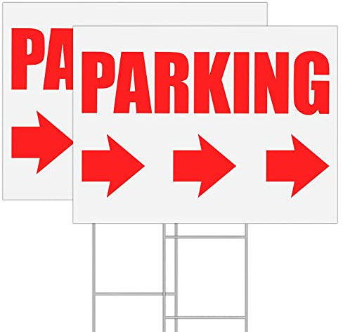 AUYKTE Confezione da 2 cartelli di parcheggio con palo a H in metallo, con frecce direzionali a destra, 40 x 30 cm, plastica ondulata, impermeabile, per uso esterno