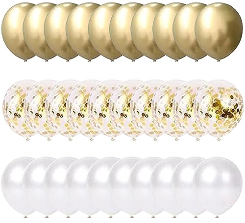 Lot de 60 ballons en latex à confettis - à l’hélium - Décorations pour mariage, anniversaire, fête prénatale - 30 cm, dorés métallisés et blancs