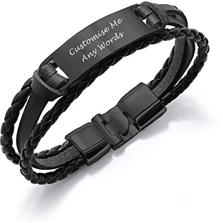 howson london Personalised Mens Bracelet Leather Engraved Bracelet Gift for Him | Customised Name, ID Identity, Birthday, Wedding, Christmas, Valentines Day, for Boyfriend, Father, Husband (Black)