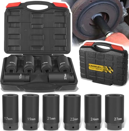 6 Pack 1/2’’ Drive Crank Bolt Socket Set, 17MM, 19MM, 21MM, 22MM, 24MM, 27MM, Harmonic Balancer Socket Set, 1/2-Inch Metric Deep Impack Socket Set, 3 Times Momentum Power of Standard Impact Sockets