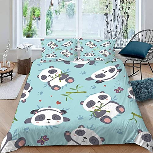 RFFLUX Kawaii Panda Bettwäsche Set 135x200 cm 2teilig mit Reißverschluss Weiche und Angenehme Schlafkomfort Microfaser Bettbezug Cartoon-Panda Kinderbettwäsche mit Kissenbezug 80x80