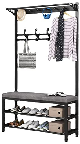 4 in 1 Garderobenständer mit Bank und Haken Multifunktionale Kleiderständer mit Schuhregal Garderobe Garderobenständer für Flur Wohnzimmer Ankleidezimmer 80/100 x33 x172 cm