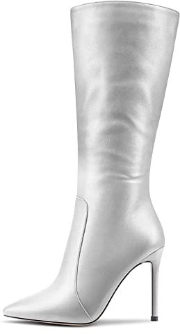 MAGIOPY Donna Spillo Alto High Tacco Heel a Punta Metà polpaccio Cerniera Ufficio Cute 10 CM Heels Stivali Argento 39 EU